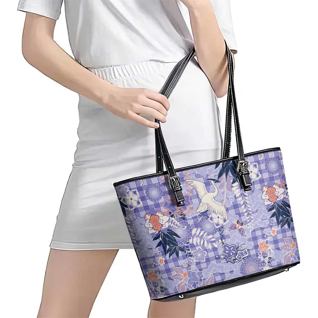 Purple Palaka Crane and Flowers Leather Tote Bag Japan Heritage Spirit LT9 - Polynesian Pride