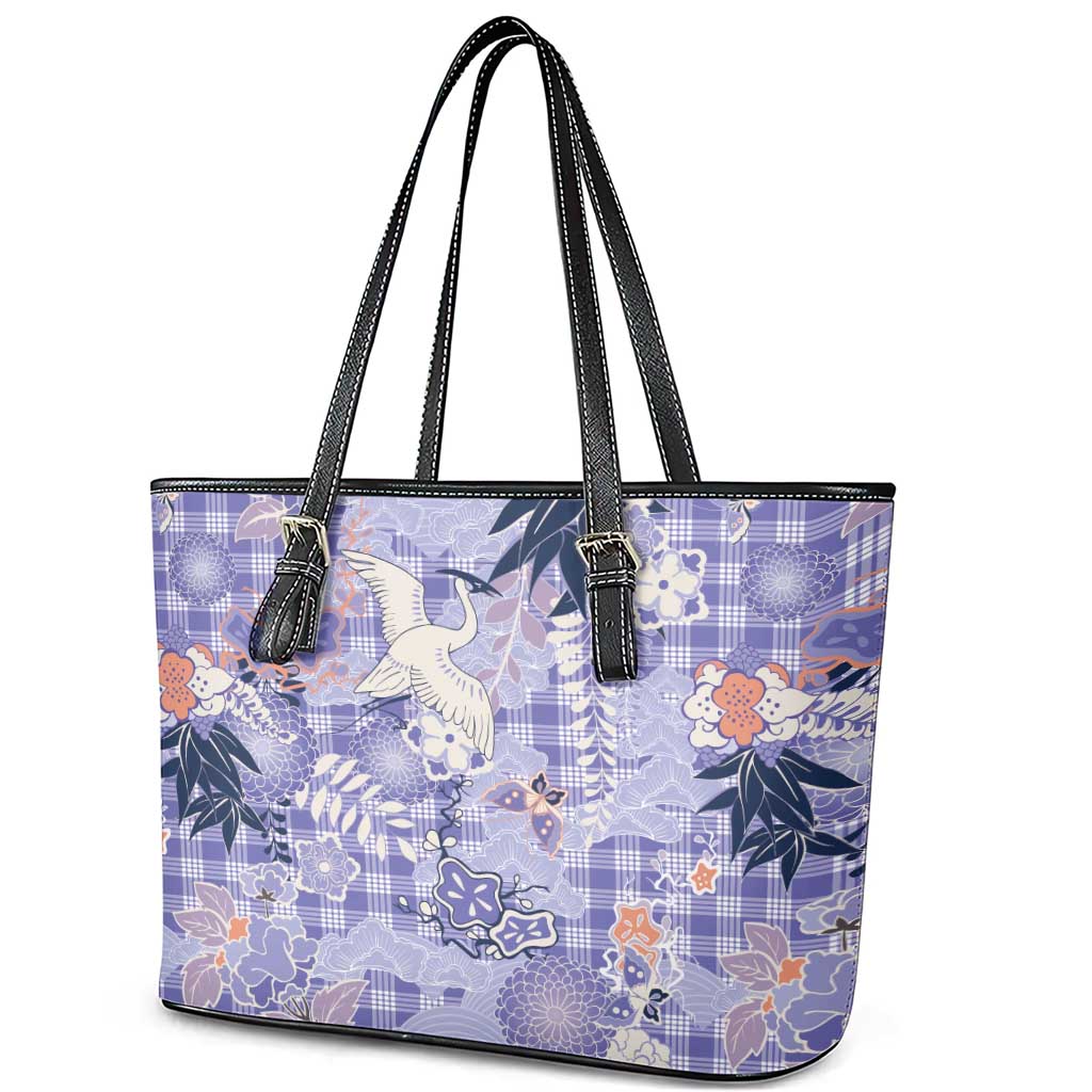 Purple Palaka Crane and Flowers Leather Tote Bag Japan Heritage Spirit LT9 - Polynesian Pride