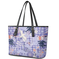 Purple Palaka Crane and Flowers Leather Tote Bag Japan Heritage Spirit LT9 - Polynesian Pride