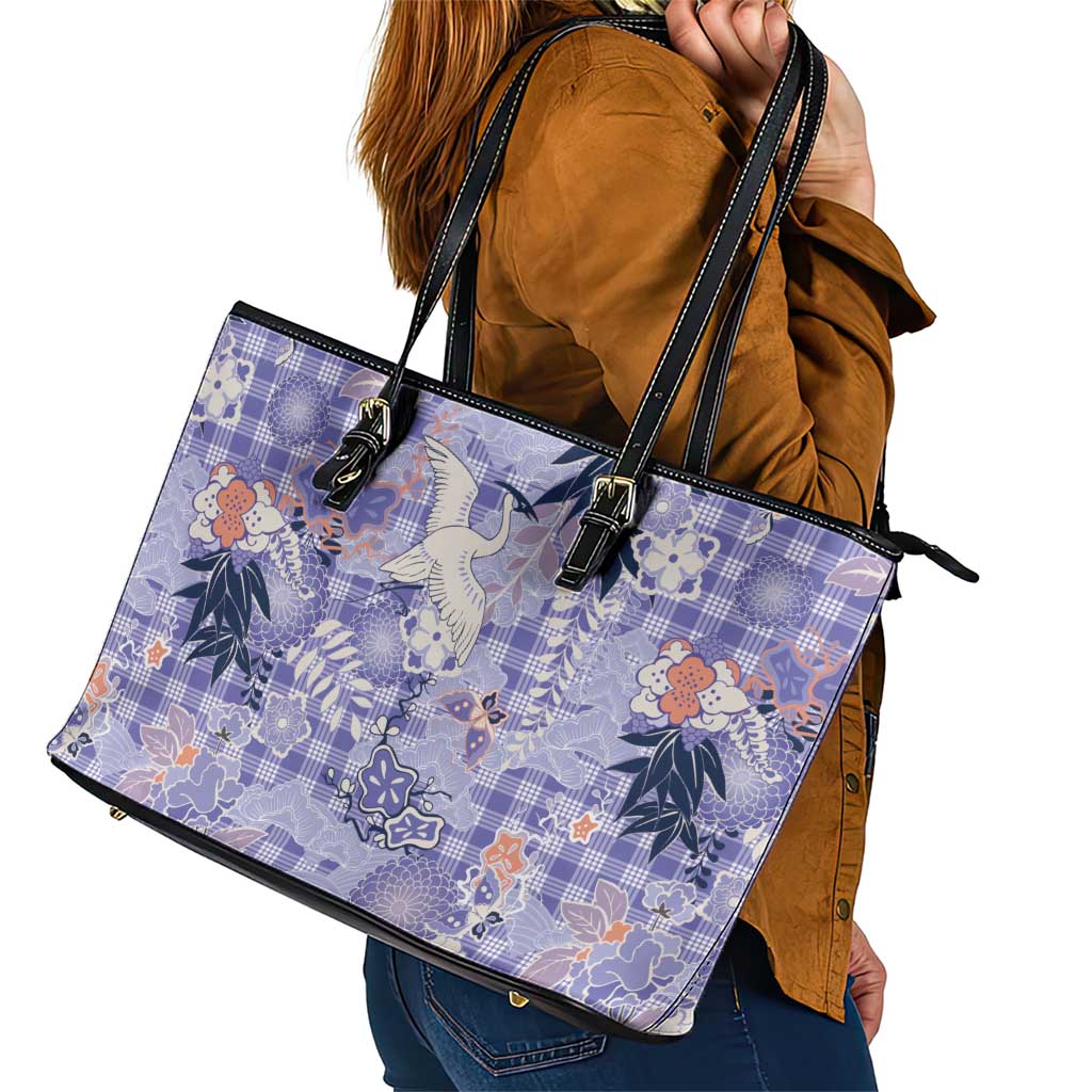 Purple Palaka Crane and Flowers Leather Tote Bag Japan Heritage Spirit LT9 - Polynesian Pride