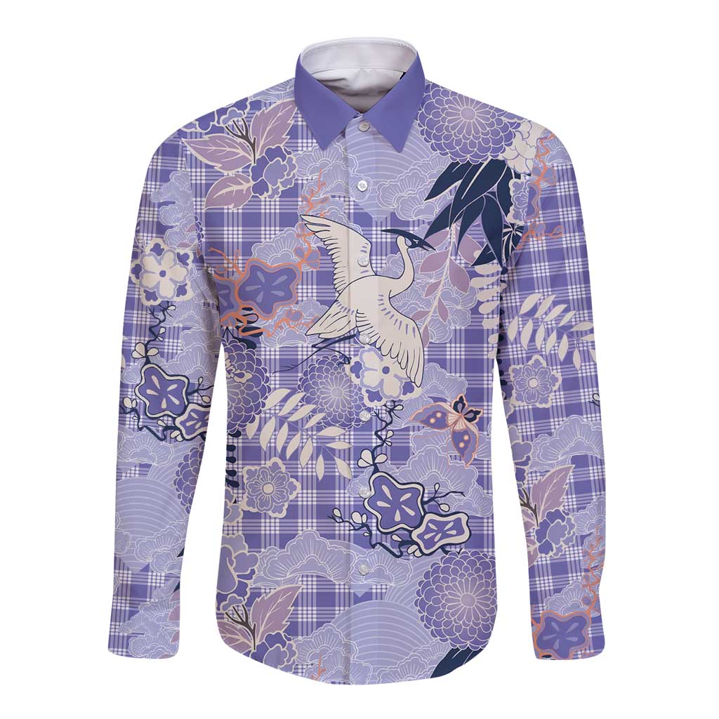 Purple Palaka Crane and Flowers Long Sleeve Button Shirt Japan Heritage Spirit - Polynesian Pride