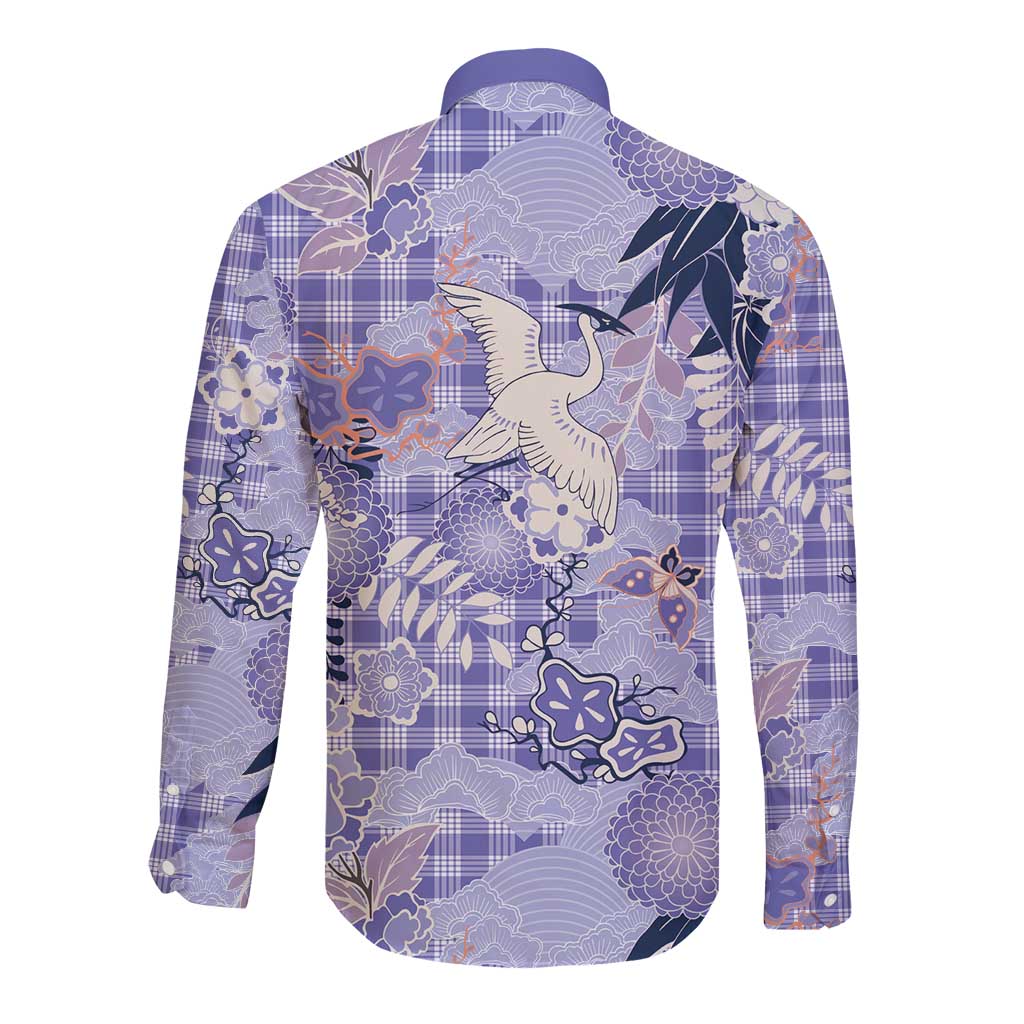 Purple Palaka Crane and Flowers Long Sleeve Button Shirt Japan Heritage Spirit - Polynesian Pride