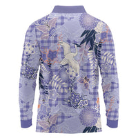 Purple Palaka Crane and Flowers Long Sleeve Polo Shirt Japan Heritage Spirit - Polynesian Pride