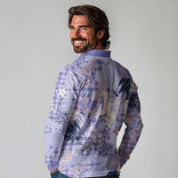 Purple Palaka Crane and Flowers Long Sleeve Polo Shirt Japan Heritage Spirit - Polynesian Pride
