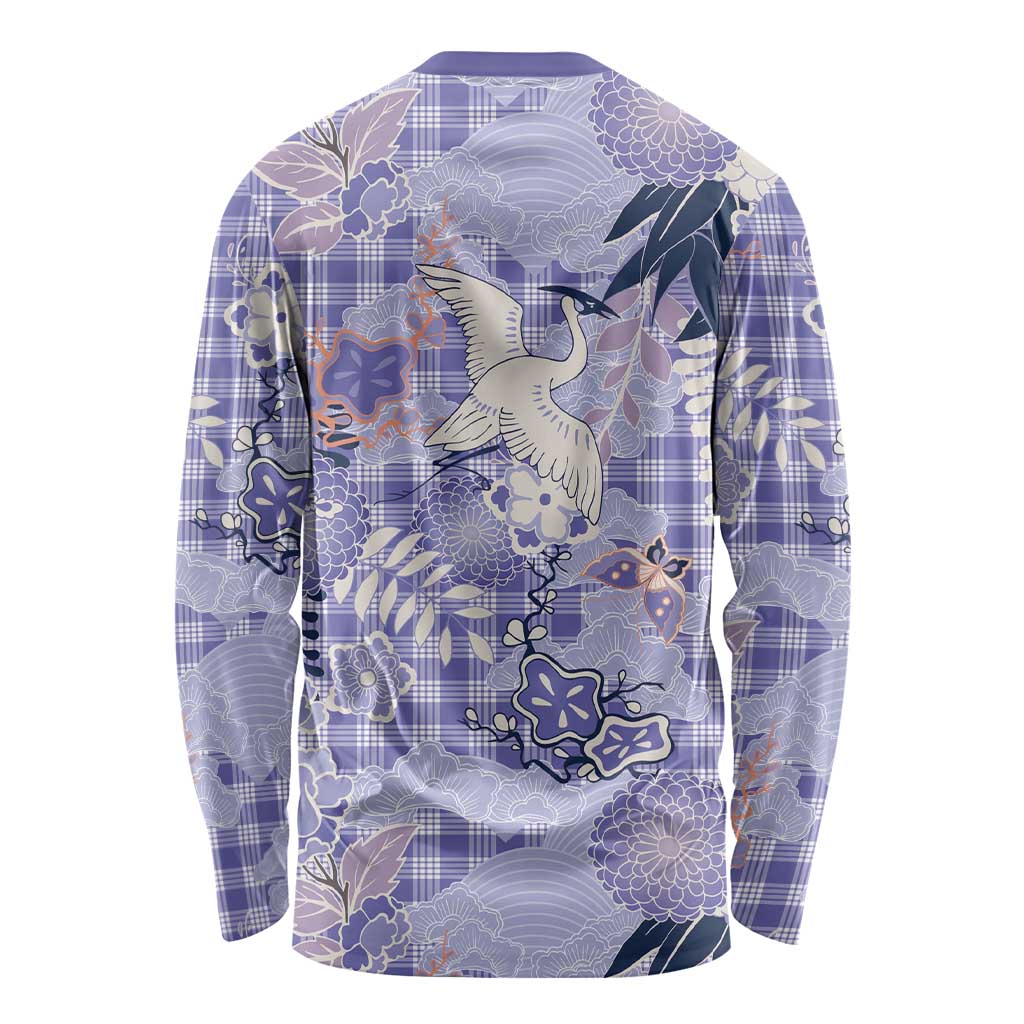 Purple Palaka Crane and Flowers Long Sleeve Shirt Japan Heritage Spirit - Polynesian Pride