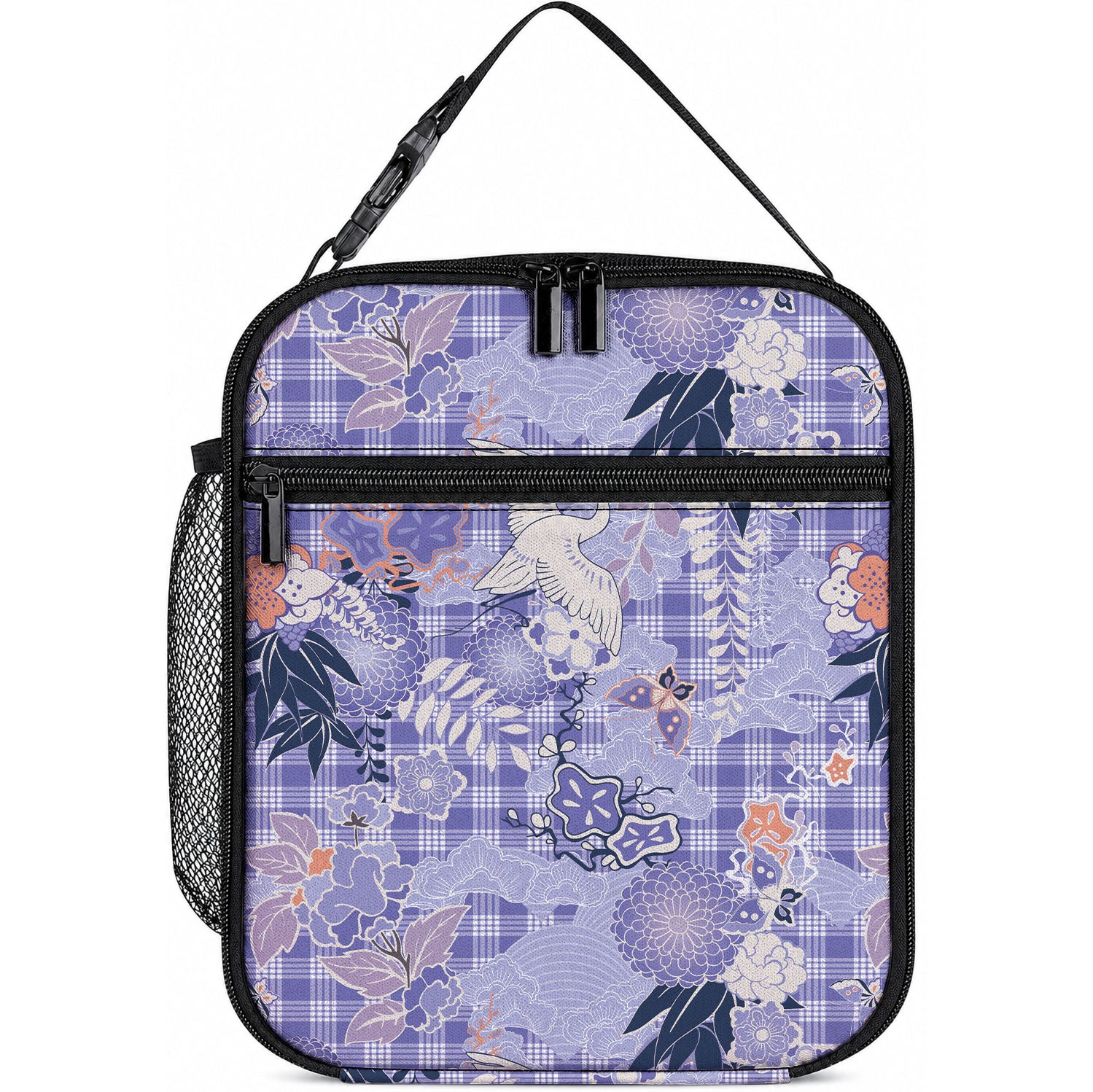 Purple Palaka Crane and Flowers Lunch Bag Japan Heritage Spirit LT9 10.2 × 8.3 × 4.3 inch Purple - Polynesian Pride