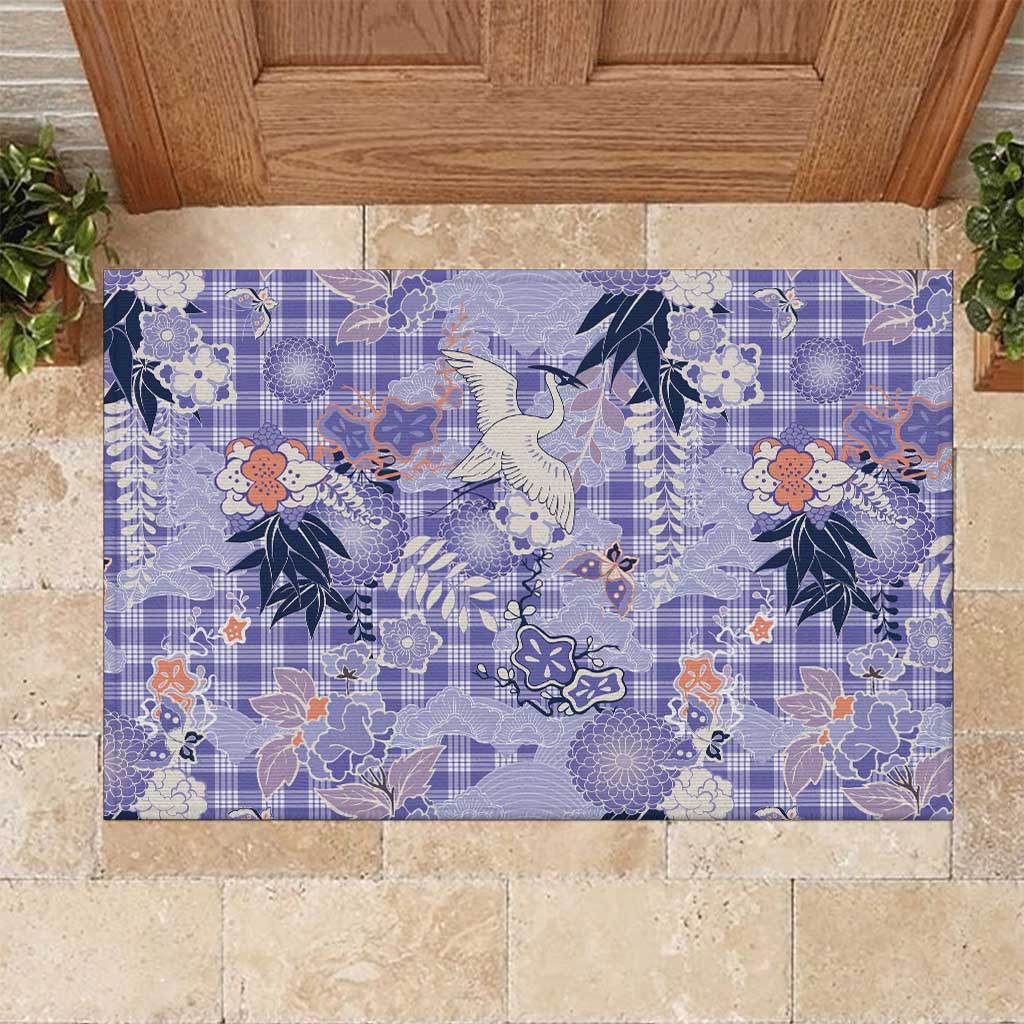 Purple Palaka Crane and Flowers Rubber Doormat Japan Heritage Spirit - Polynesian Pride