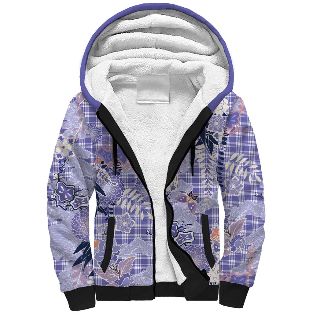 Purple Palaka Crane and Flowers Sherpa Hoodie Japan Heritage Spirit LT9 Unisex Purple - Polynesian Pride