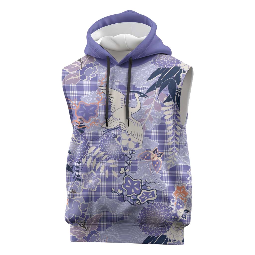 Purple Palaka Crane and Flowers Sleeveless Hoodie Japan Heritage Spirit - Polynesian Pride