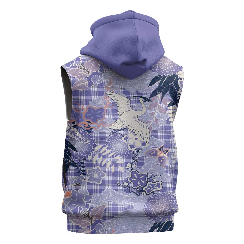 Purple Palaka Crane and Flowers Sleeveless Hoodie Japan Heritage Spirit - Polynesian Pride