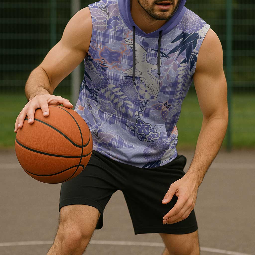 Purple Palaka Crane and Flowers Sleeveless Hoodie Japan Heritage Spirit - Polynesian Pride