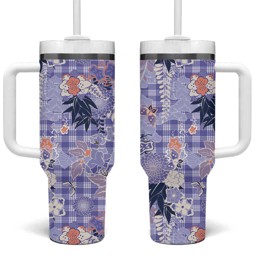Purple Palaka Crane and Flowers Tumbler With Handle Japan Heritage Spirit LT9 One Size: 40 oz Purple - Polynesian Pride