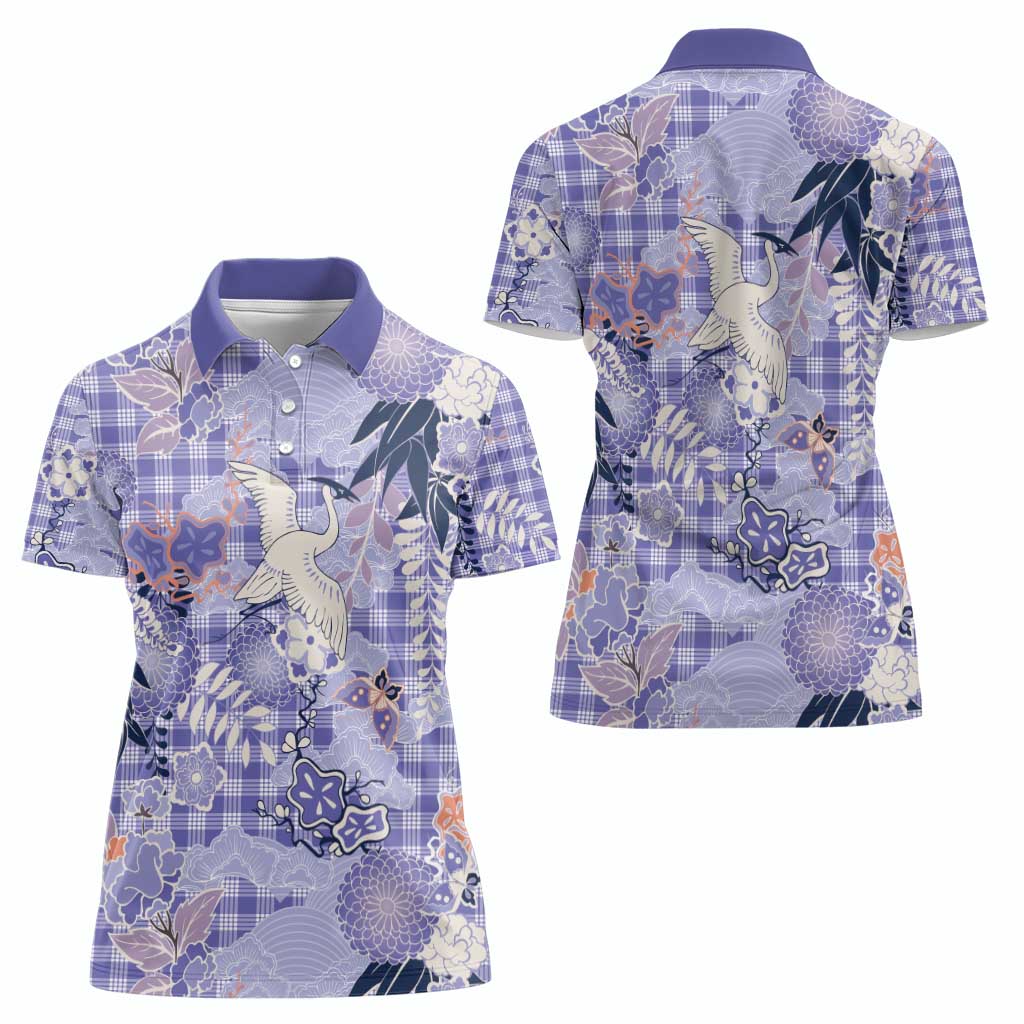 Purple Palaka Crane and Flowers Women Polo Shirt Japan Heritage Spirit - Polynesian Pride