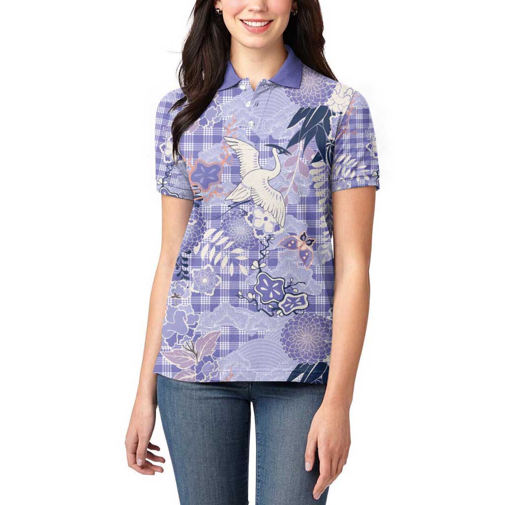 Purple Palaka Crane and Flowers Women Polo Shirt Japan Heritage Spirit - Polynesian Pride