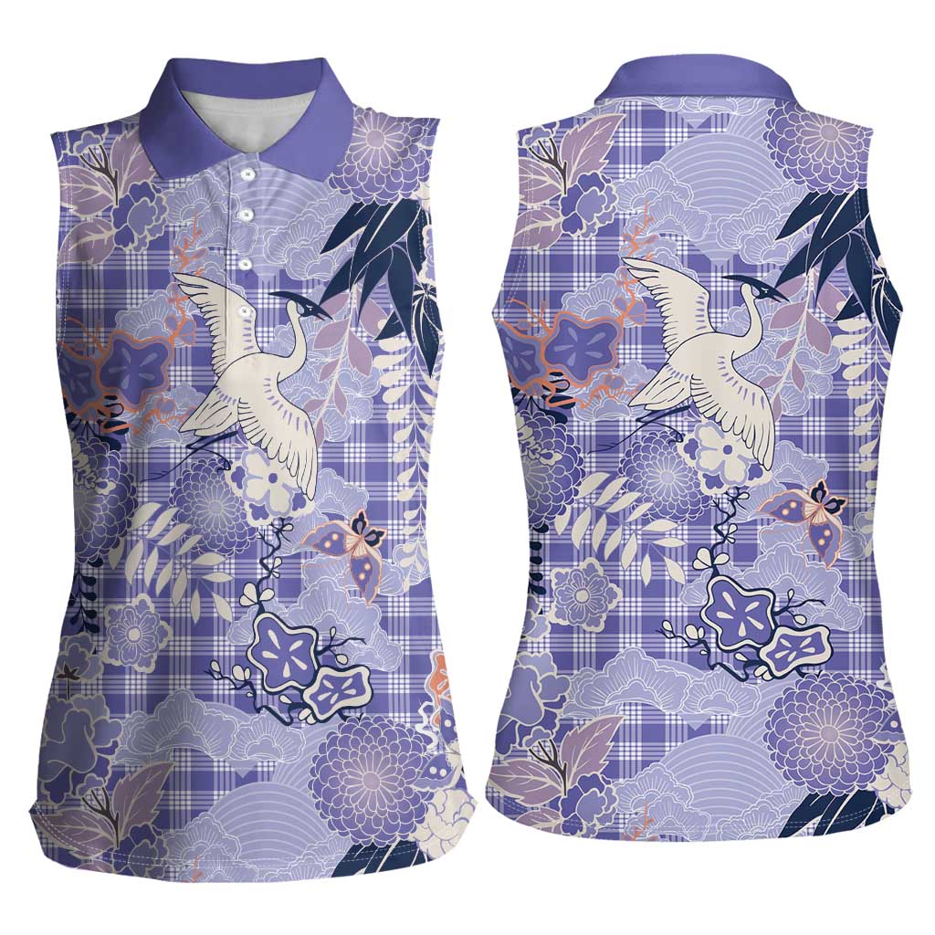 Purple Palaka Crane and Flowers Women Sleeveless Polo Shirt Japan Heritage Spirit - Polynesian Pride