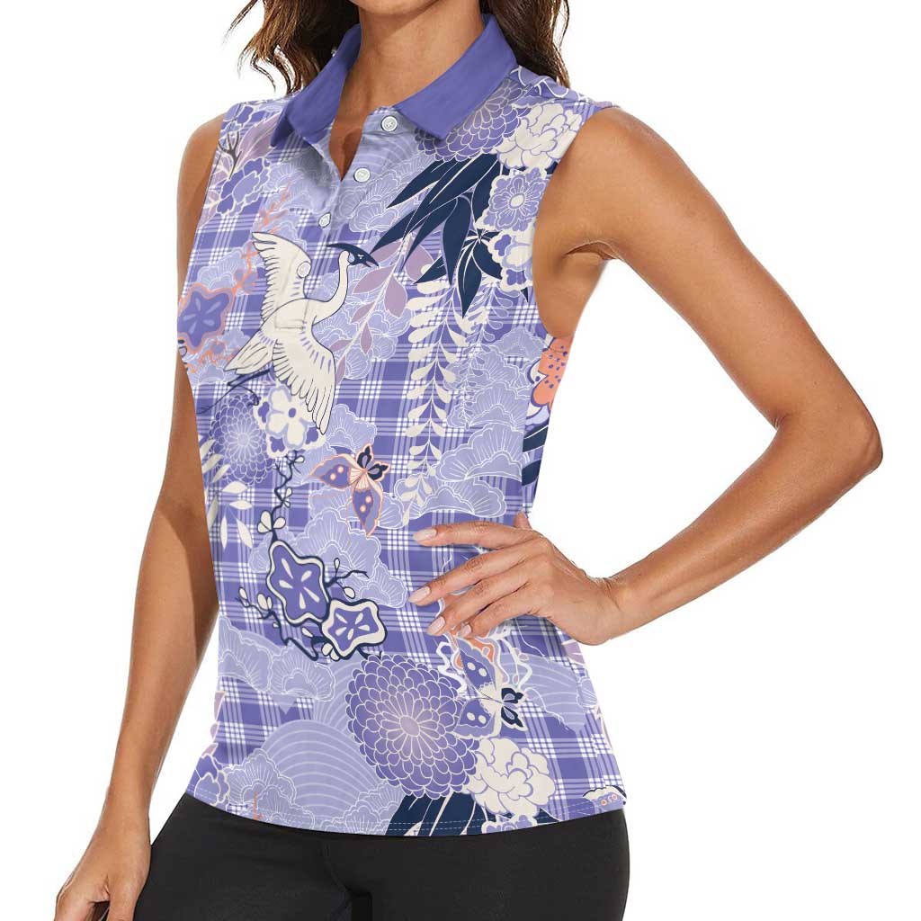 Purple Palaka Crane and Flowers Women Sleeveless Polo Shirt Japan Heritage Spirit - Polynesian Pride