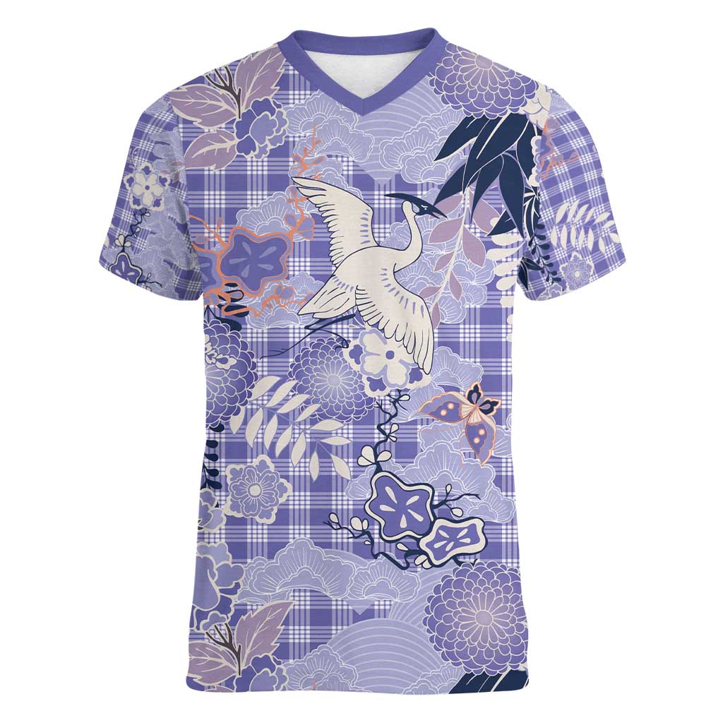 Purple Palaka Crane and Flowers Women V-Neck T-Shirt Japan Heritage Spirit - Polynesian Pride