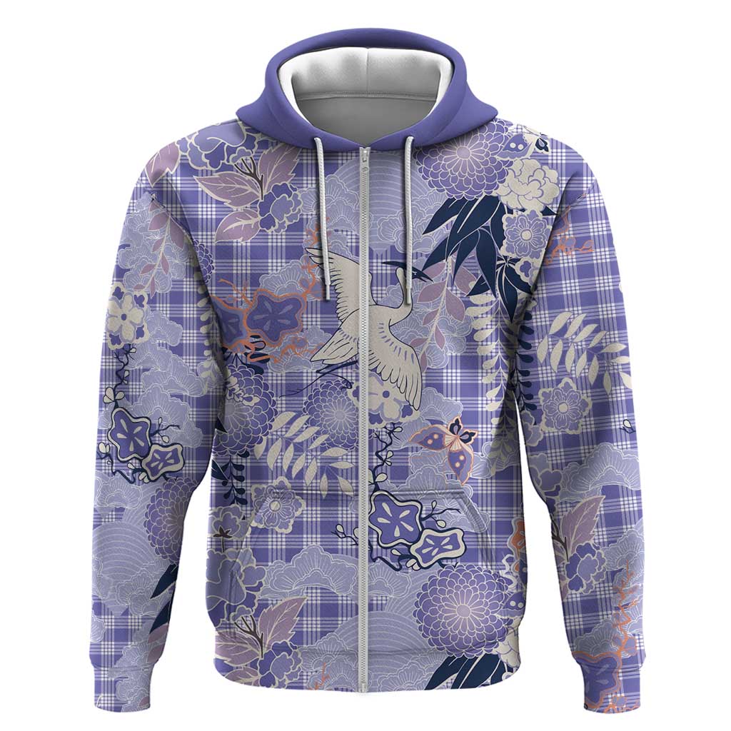 Purple Palaka Crane and Flowers Zip Hoodie Japan Heritage Spirit - Polynesian Pride