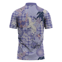 Purple Palaka Crane and Flowers Zipper Polo Shirt Japan Heritage Spirit - Polynesian Pride