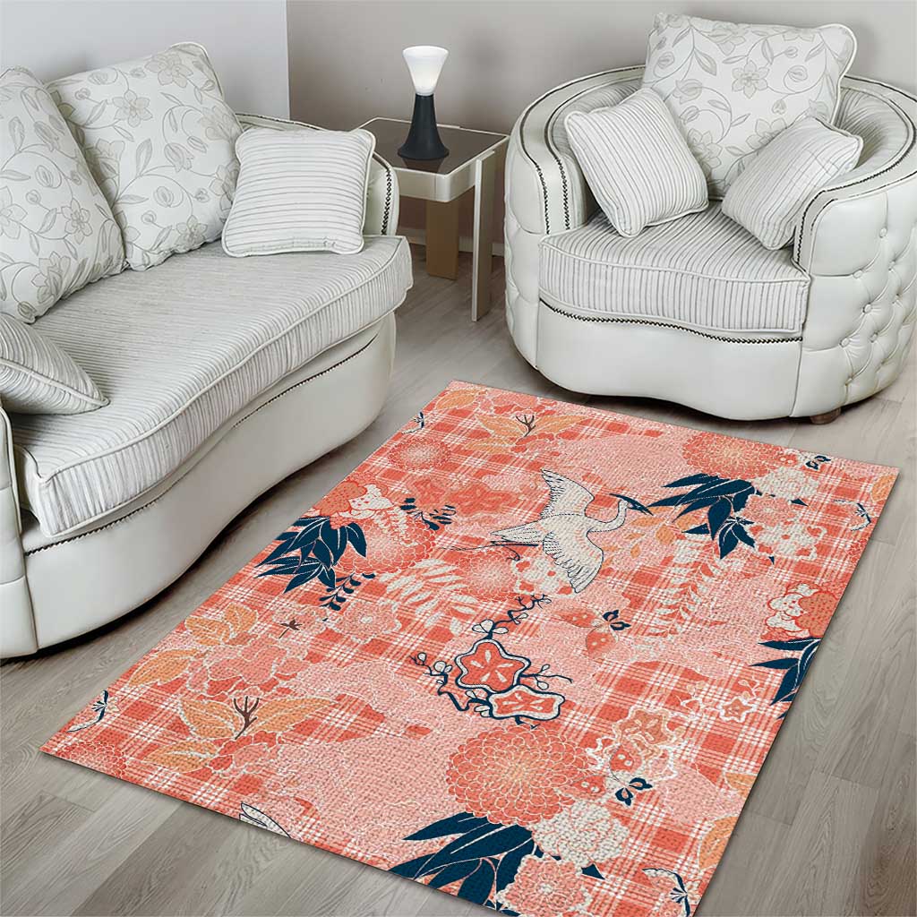 Red Palaka Crane and Flowers Area Rug Japan Heritage Spirit - Polynesian Pride