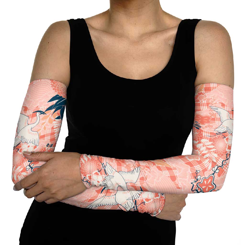 Red Palaka Crane and Flowers Arm Sleeves Japan Heritage Spirit - Polynesian Pride