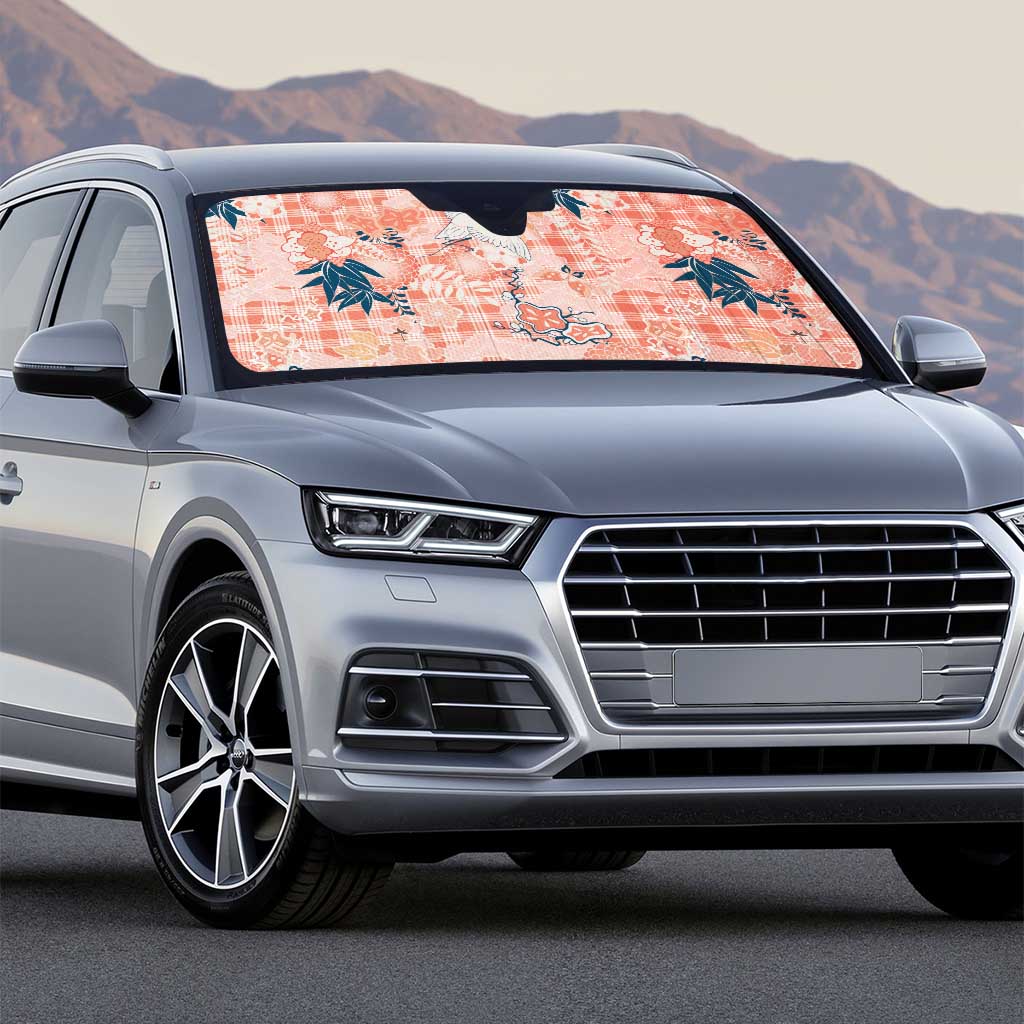 Red Palaka Crane and Flowers Auto Sun Shade Japan Heritage Spirit - Polynesian Pride