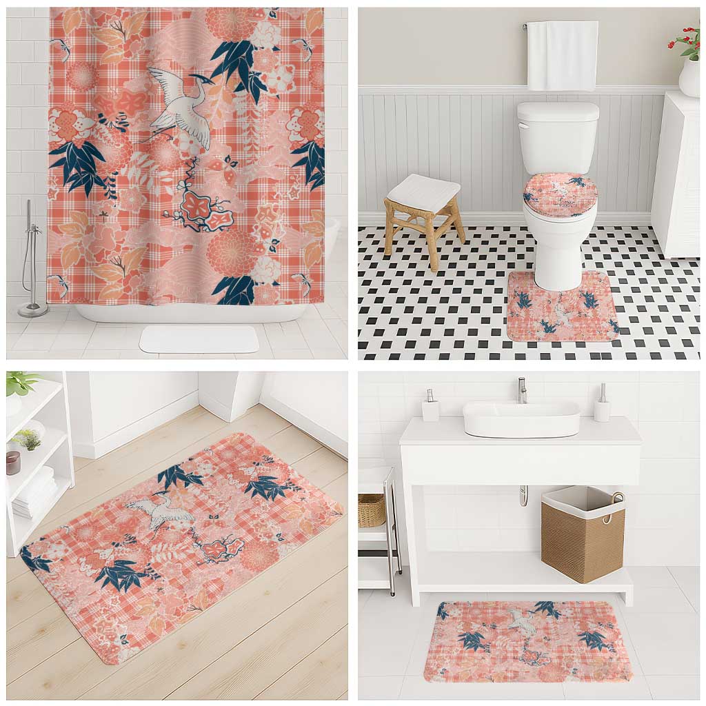 Red Palaka Crane and Flowers Bathroom Set Japan Heritage Spirit - Polynesian Pride