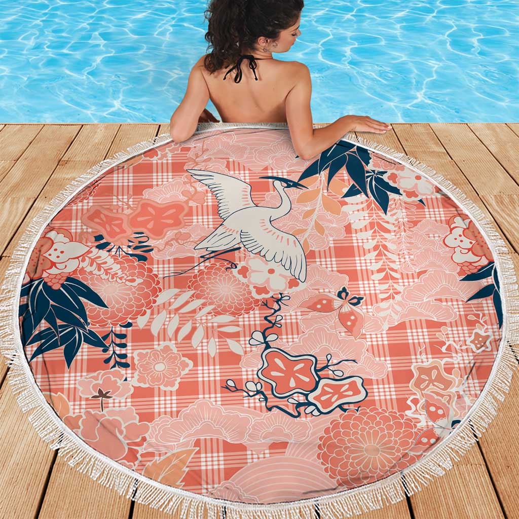 Red Palaka Crane and Flowers Beach Blanket Japan Heritage Spirit - Polynesian Pride