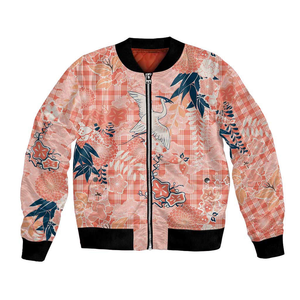 Red Palaka Crane and Flowers Bomber Jacket Japan Heritage Spirit LT9 Unisex Red - Polynesian Pride