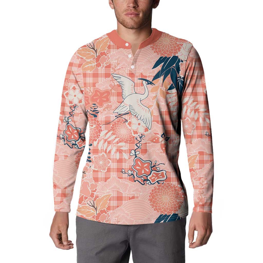 Red Palaka Crane and Flowers Button Sweatshirt Japan Heritage Spirit - Polynesian Pride