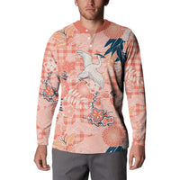 Red Palaka Crane and Flowers Button Sweatshirt Japan Heritage Spirit - Polynesian Pride