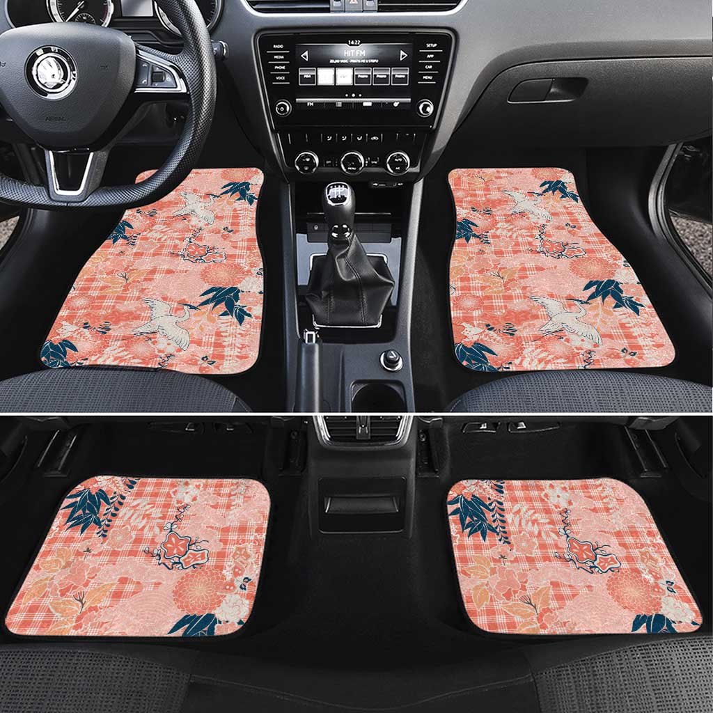 Red Palaka Crane and Flowers Car Mats Japan Heritage Spirit LT9 Set 4pcs Red - Polynesian Pride