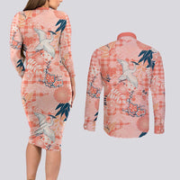 Red Palaka Crane and Flowers Couples Matching Long Sleeve Bodycon Dress and Long Sleeve Button Shirt Japan Heritage Spirit - Polynesian Pride