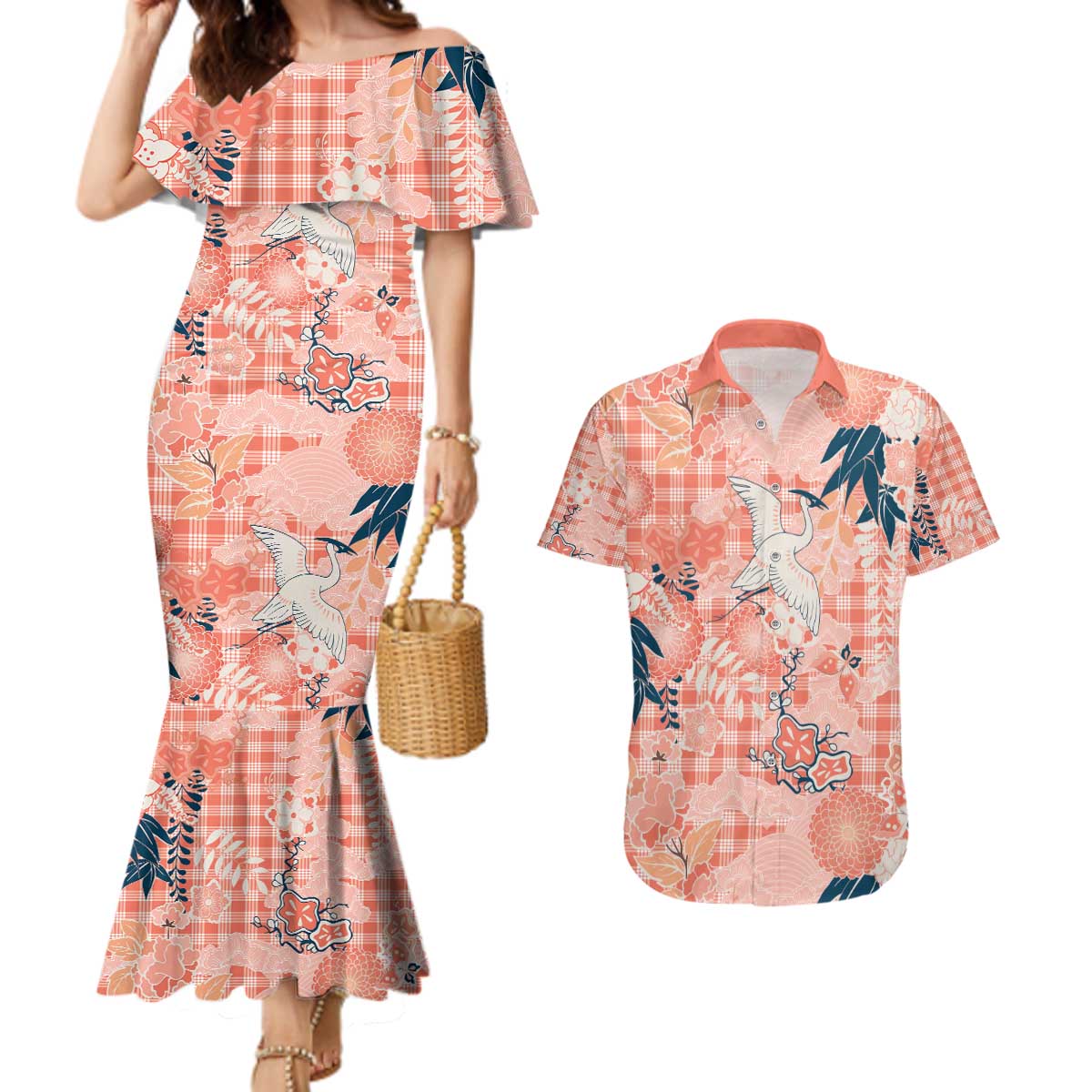 Red Palaka Crane and Flowers Couples Matching Mermaid Dress and Hawaiian Shirt Japan Heritage Spirit - Polynesian Pride