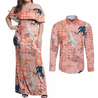 Red Palaka Crane and Flowers Couples Matching Off Shoulder Maxi Dress and Long Sleeve Button Shirt Japan Heritage Spirit - Polynesian Pride