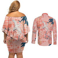 Red Palaka Crane and Flowers Couples Matching Off Shoulder Short Dress and Long Sleeve Button Shirt Japan Heritage Spirit - Polynesian Pride