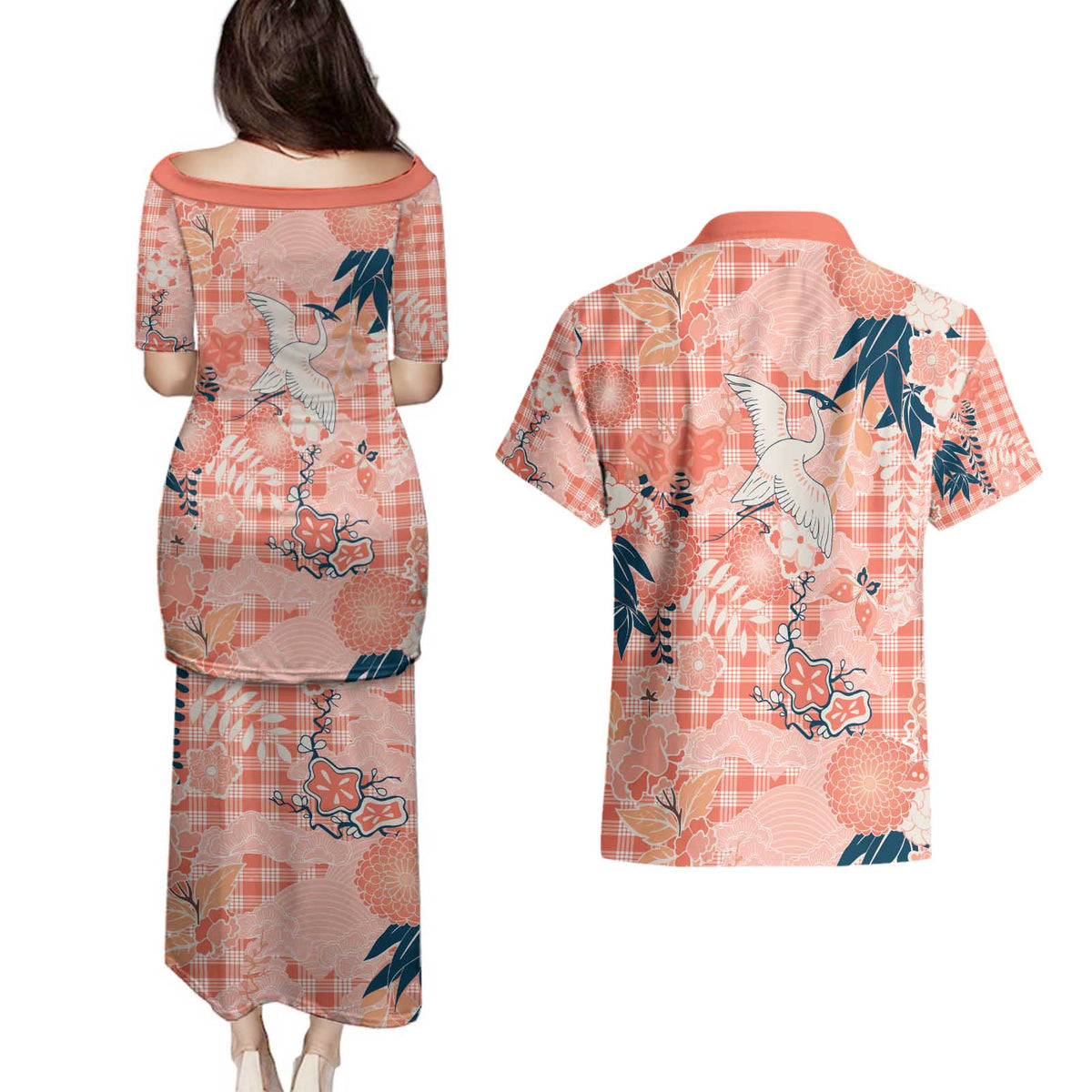 Red Palaka Crane and Flowers Couples Matching Puletasi and Hawaiian Shirt Japan Heritage Spirit - Polynesian Pride