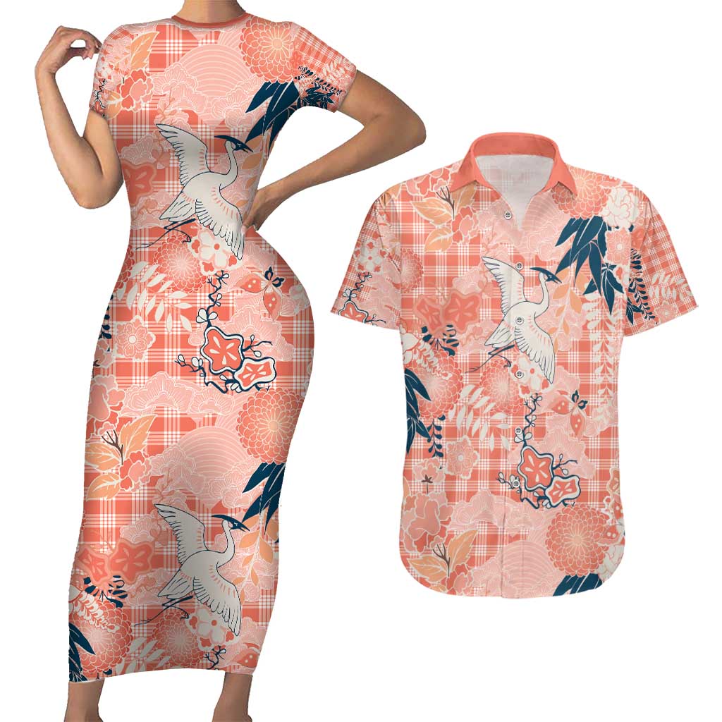 Red Palaka Crane and Flowers Couples Matching Short Sleeve Bodycon Dress and Hawaiian Shirt Japan Heritage Spirit - Polynesian Pride