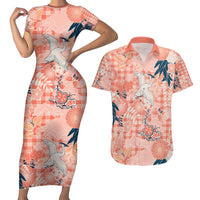Red Palaka Crane and Flowers Couples Matching Short Sleeve Bodycon Dress and Hawaiian Shirt Japan Heritage Spirit - Polynesian Pride