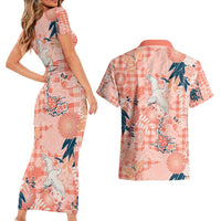 Red Palaka Crane and Flowers Couples Matching Short Sleeve Bodycon Dress and Hawaiian Shirt Japan Heritage Spirit - Polynesian Pride