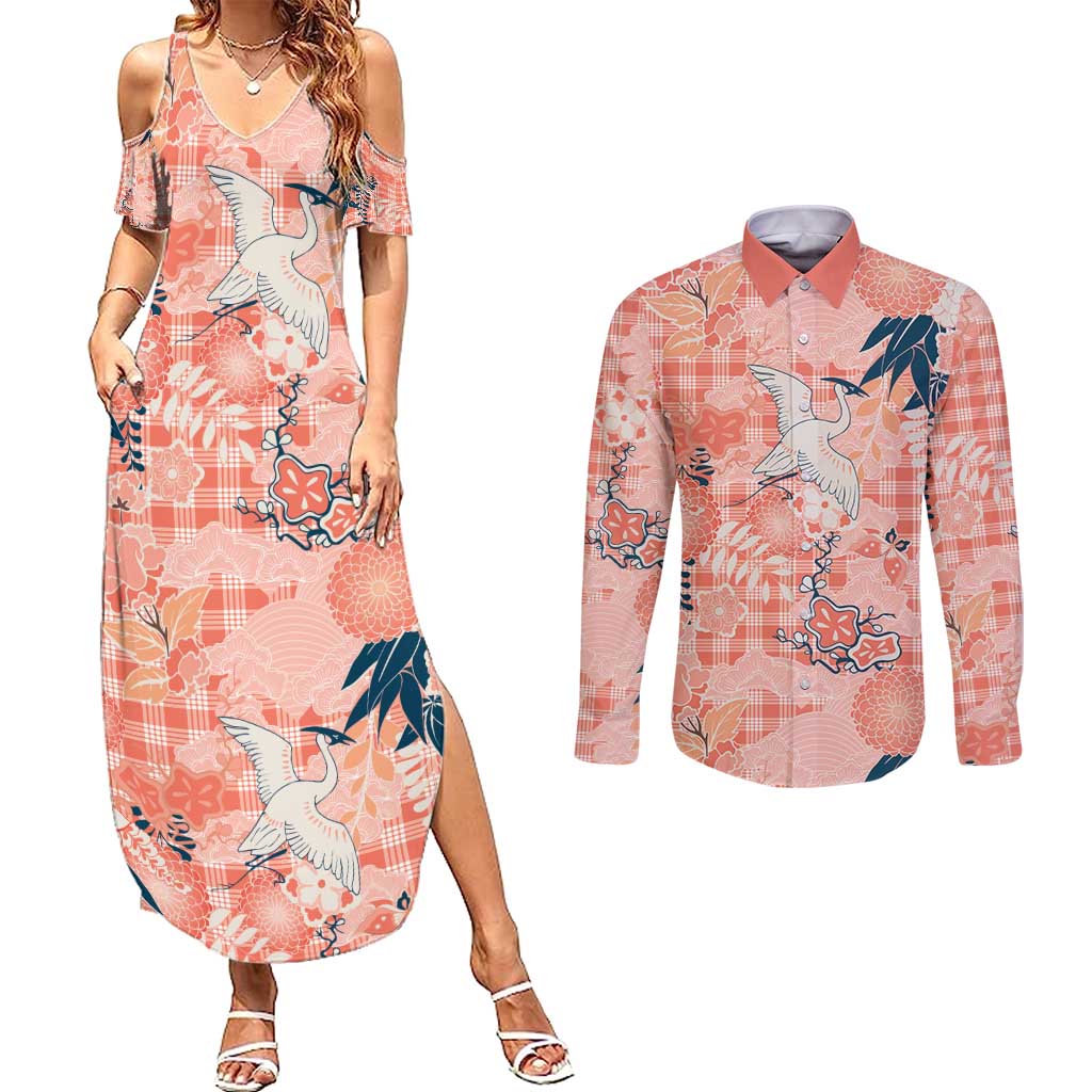 Red Palaka Crane and Flowers Couples Matching Summer Maxi Dress and Long Sleeve Button Shirt Japan Heritage Spirit - Polynesian Pride