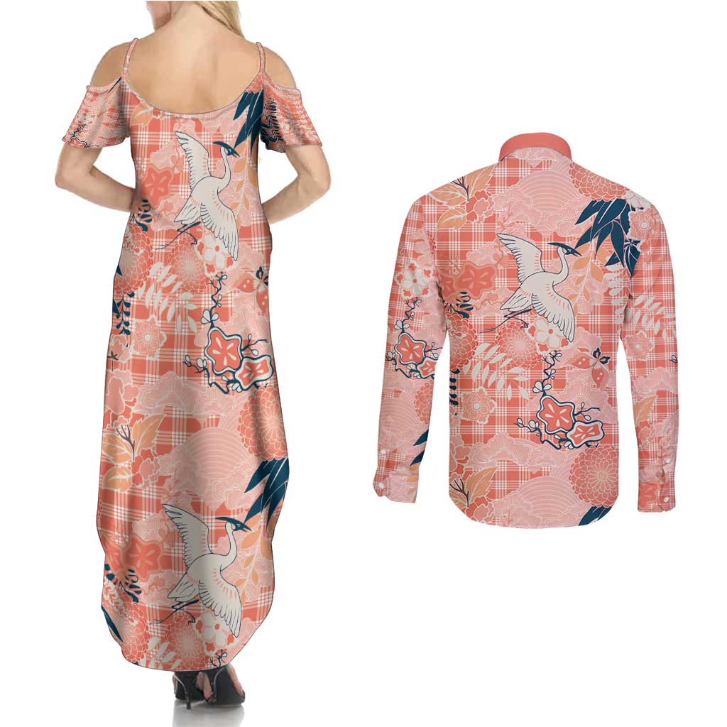 Red Palaka Crane and Flowers Couples Matching Summer Maxi Dress and Long Sleeve Button Shirt Japan Heritage Spirit - Polynesian Pride