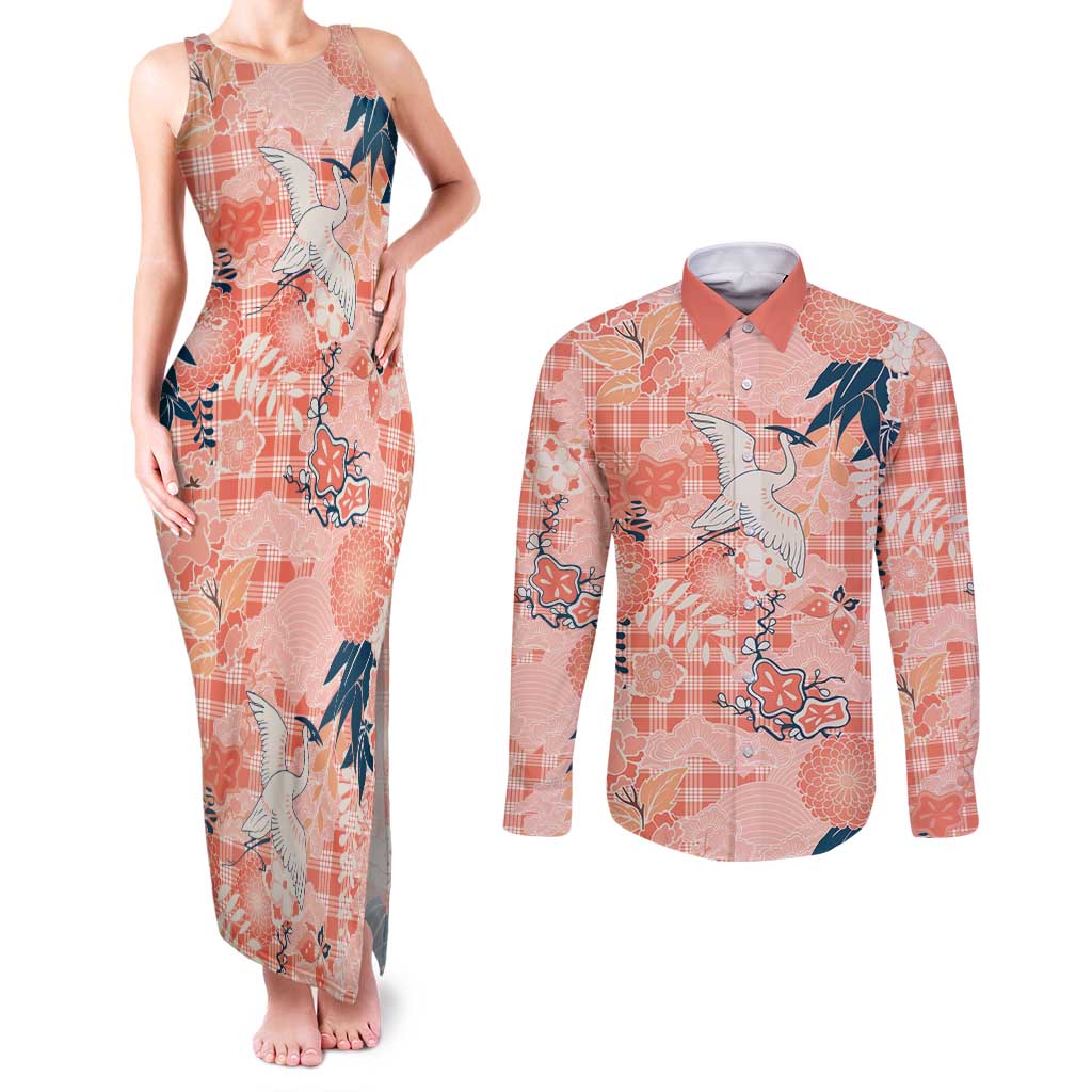 Red Palaka Crane and Flowers Couples Matching Tank Maxi Dress and Long Sleeve Button Shirt Japan Heritage Spirit - Polynesian Pride