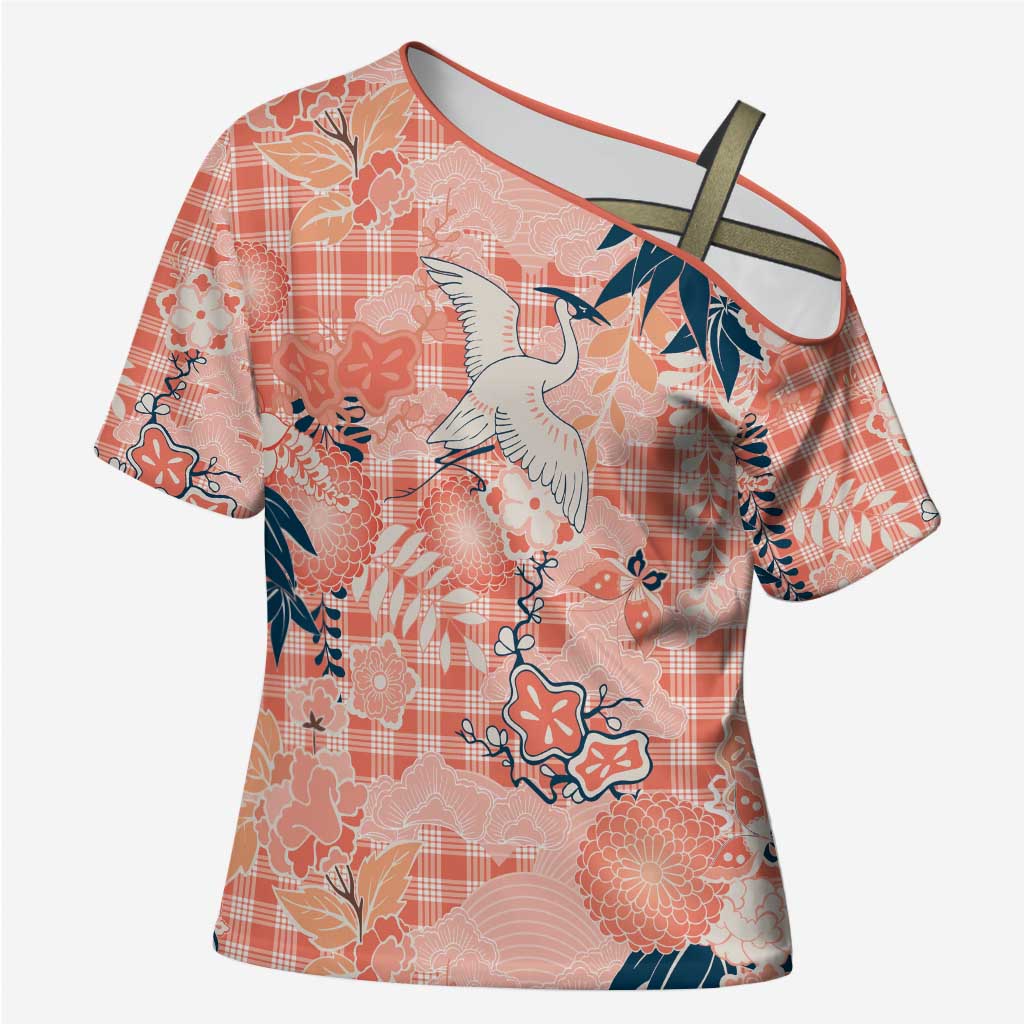 Red Palaka Crane and Flowers Cross Shoulder Shirt Japan Heritage Spirit - Polynesian Pride