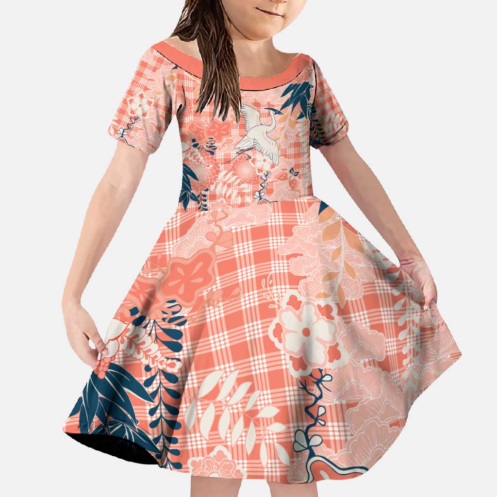 Red Palaka Crane and Flowers Family Matching Long Sleeve Bodycon Dress and Hawaiian Shirt Japan Heritage Spirit LT9 Daughter's Dress Red - Polynesian Pride