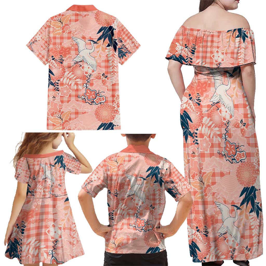 Red Palaka Crane and Flowers Family Matching Off Shoulder Maxi Dress and Hawaiian Shirt Japan Heritage Spirit - Polynesian Pride