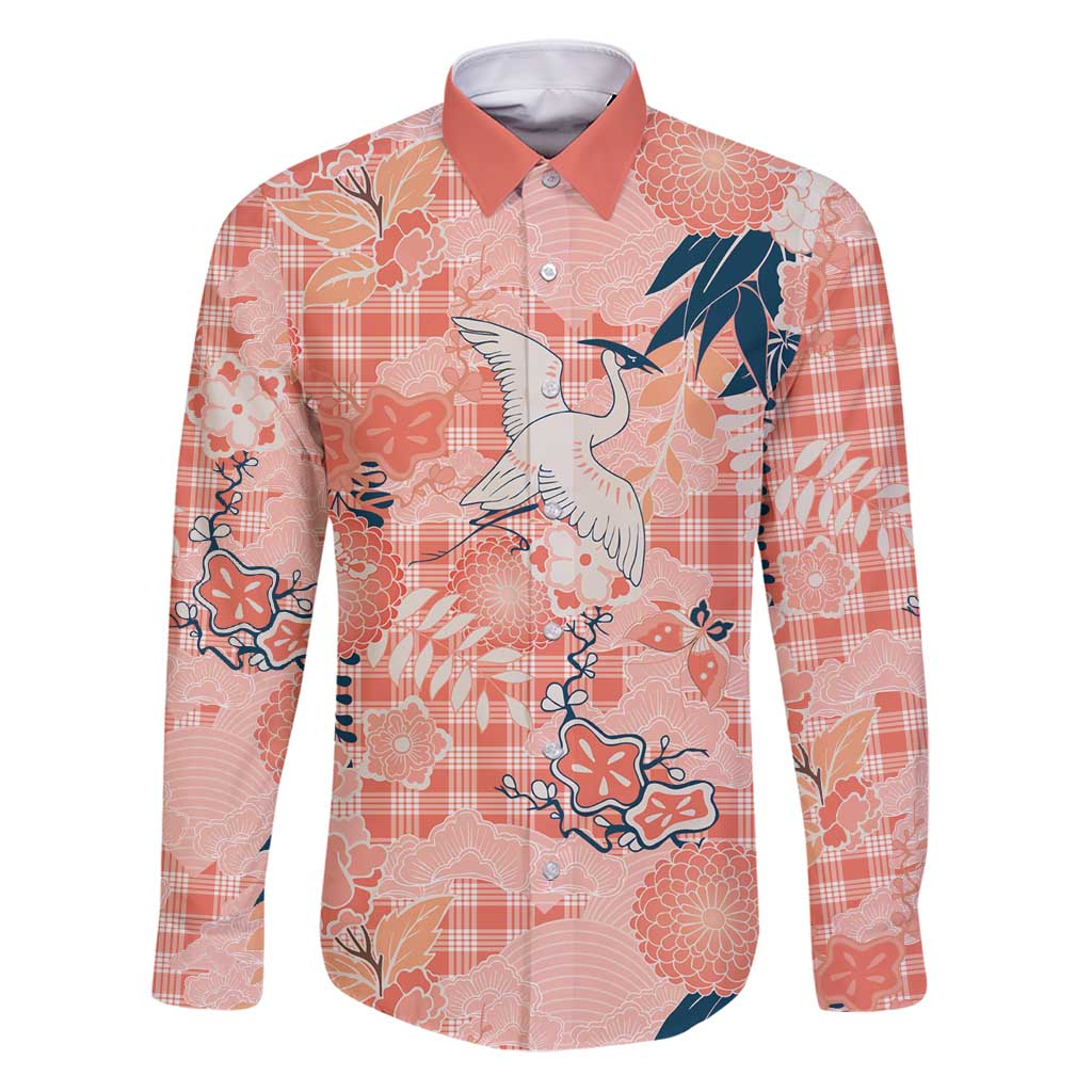 Red Palaka Crane and Flowers Family Matching Puletasi and Hawaiian Shirt Japan Heritage Spirit LT9 Dad's Shirt - Long Sleeve Red - Polynesian Pride