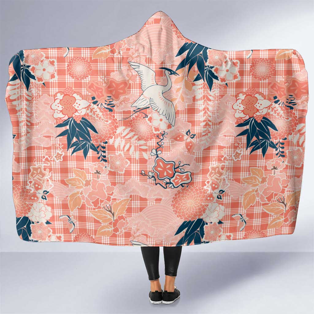Red Palaka Crane and Flowers Hooded Blanket Japan Heritage Spirit - Polynesian Pride