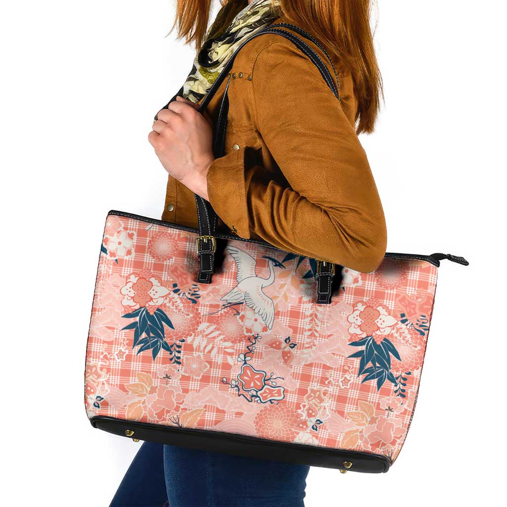 Red Palaka Crane and Flowers Leather Tote Bag Japan Heritage Spirit - Polynesian Pride