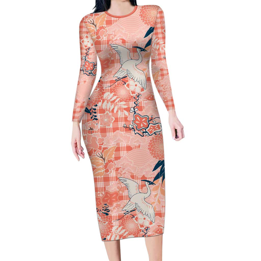 Red Palaka Crane and Flowers Long Sleeve Bodycon Dress Japan Heritage Spirit LT9 Long Dress Red - Polynesian Pride